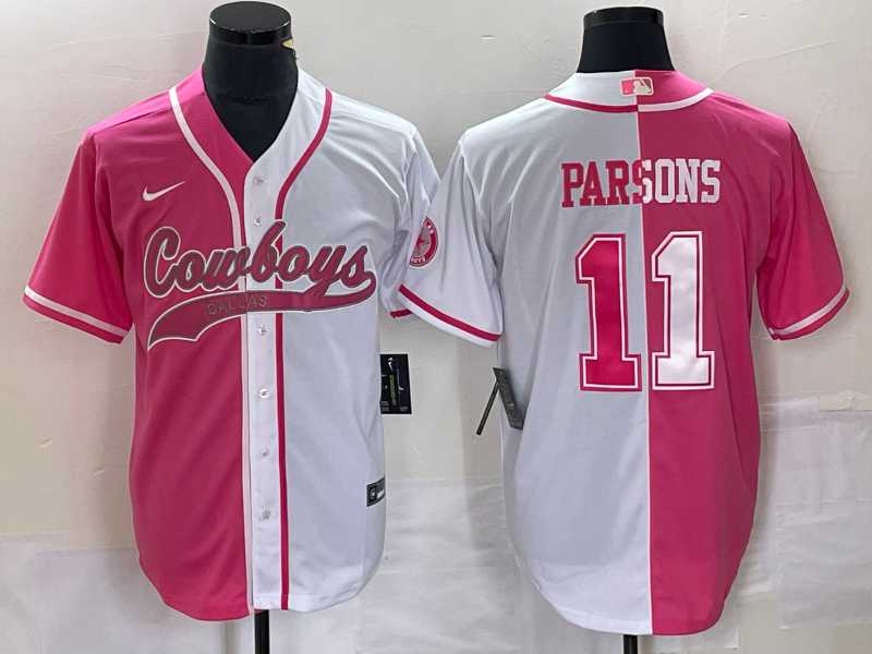 Mens Dallas Cowboys #11 Micah Parsons Pink White Two Tone With Patch Cool Base Stitched Baseball Jersey